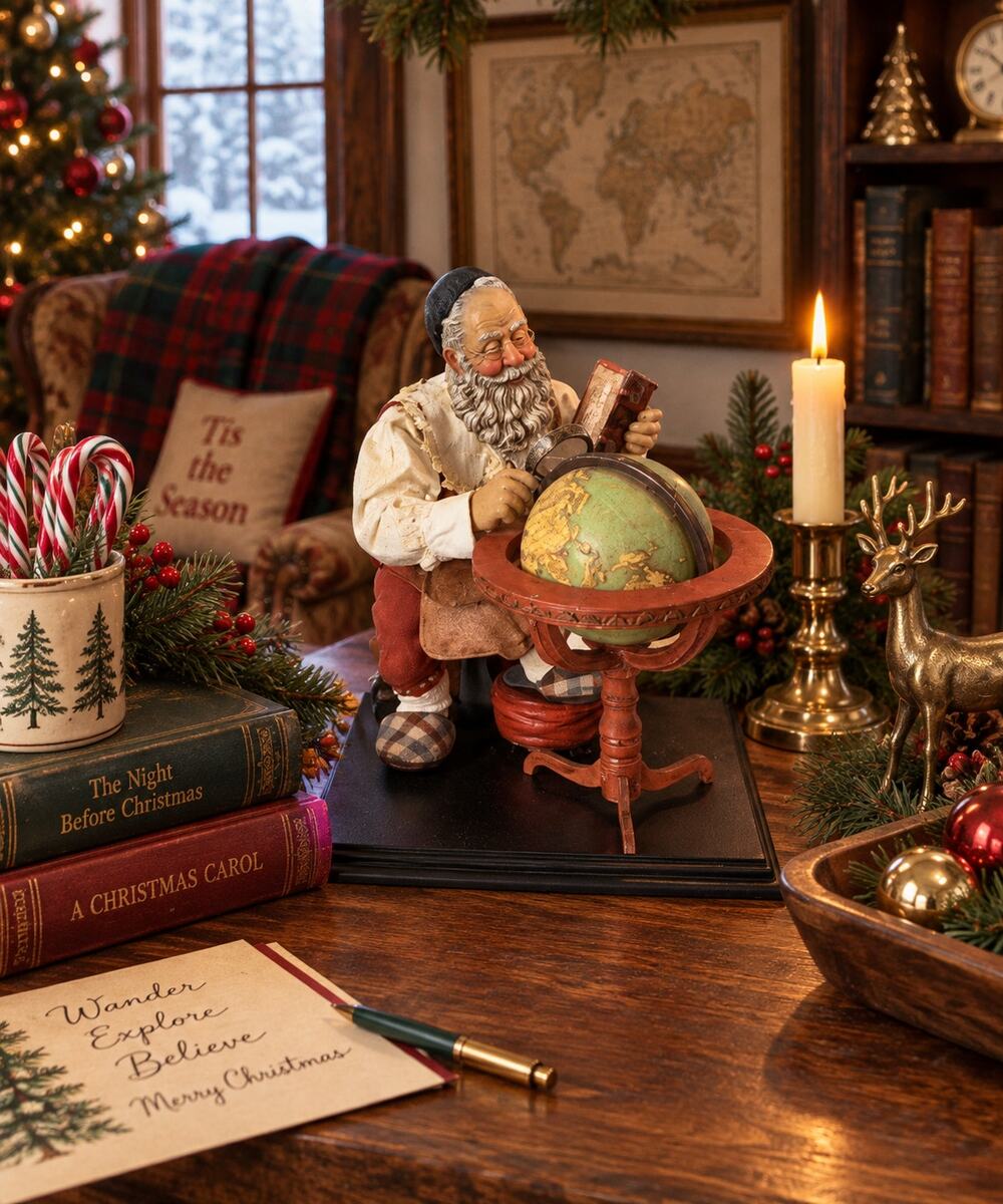 Vintage 1980s Clothtique Santa Looking at Globe The Saturday Evening Post